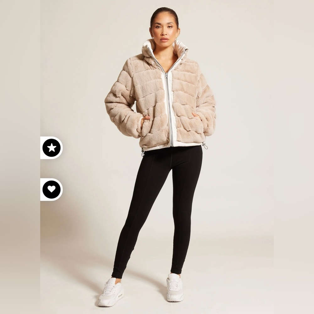 blanc noir Plush Faux Fur Puffer Jacket in Beige and White